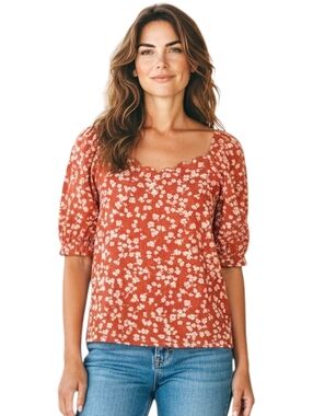 Monteau Ditsy Floral Puff Sleeve Blouse Scalloped Neck Boho S